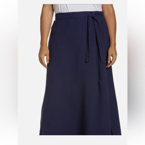 CASLON Women's Tie Waist Maxi Skirt Faux Wrap in Navy Cotton Gauze Size 1X - Picture 15 of 15